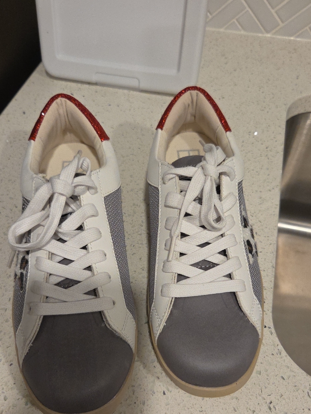 Matisse White and Gray Lace-Up Sneakers with Red Glitter Heel
